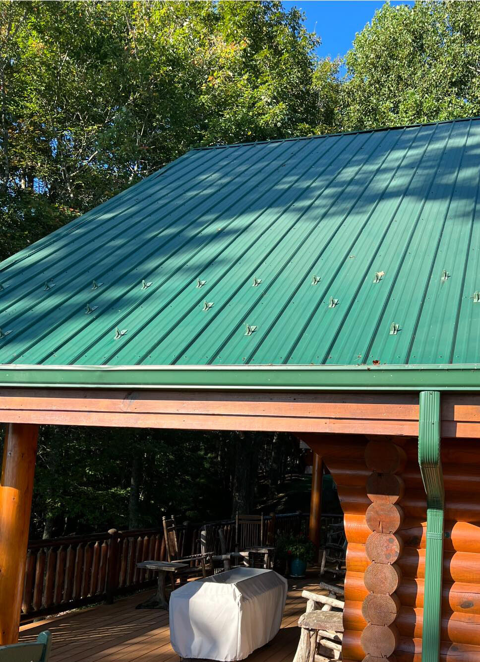 The same metal roof cleaned showing a pristine green surface with no dirt or stains.